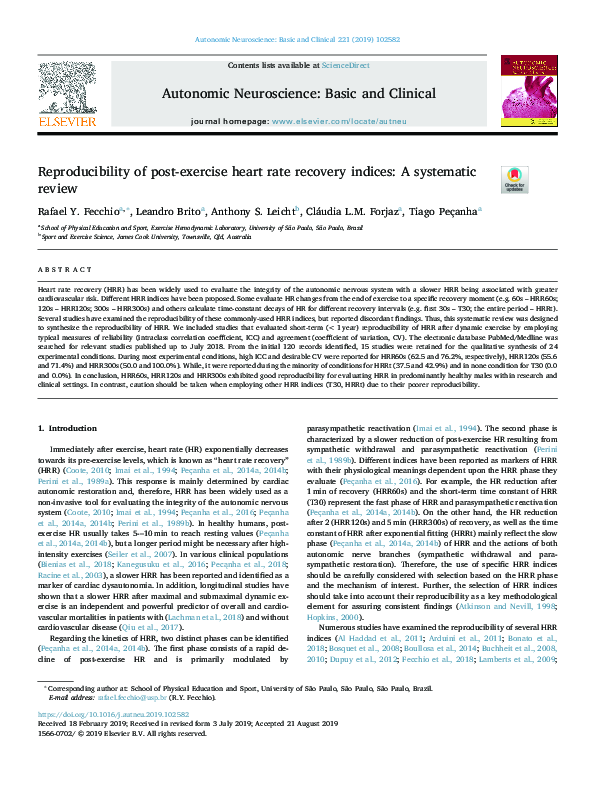 (PDF) Reproducibility of post-exercise heart rate recovery indices: A ...