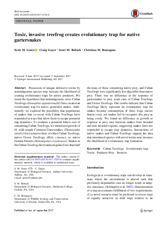 (PDF) Toxic, invasive treefrog creates evolutionary trap for native ...
