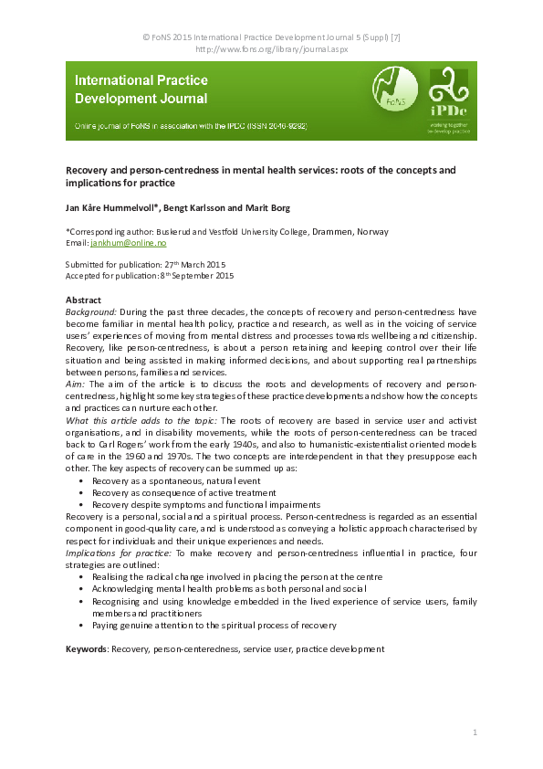 (PDF) Recovery and person-centredness in mental health services: roots ...