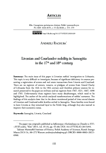 (PDF) Livonian and Courlander nobility in Samogitia in the 17th and ...