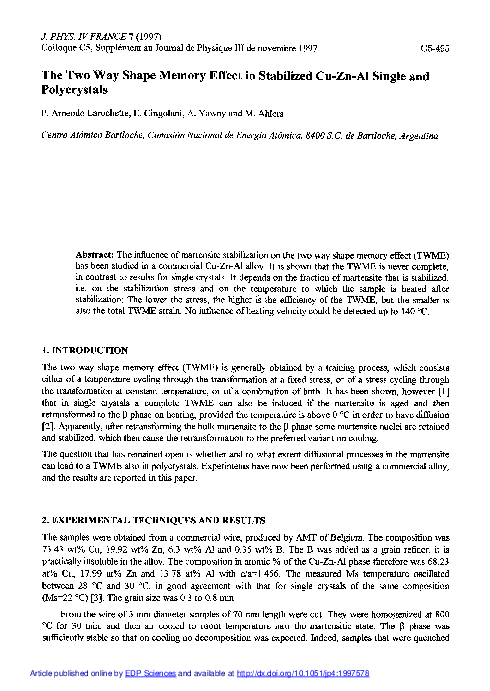 (PDF) The Two Way Shape Memory Effect in Stabilized Cu-Zn-Al Single and ...