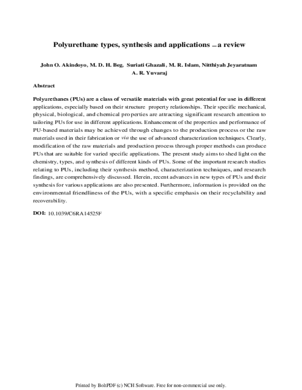 Polyurethane Types Synthesis And Applications