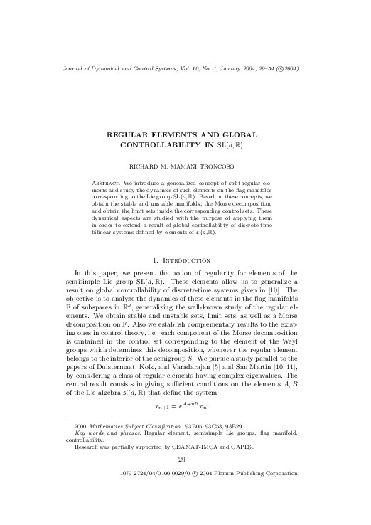 (PDF) Regular Elements and Global Controllability in SL(d, R)