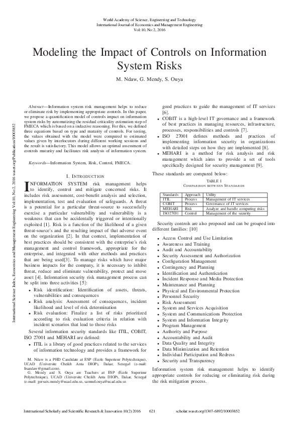 (PDF) Modeling The Impact Of Controls On Information System Risks