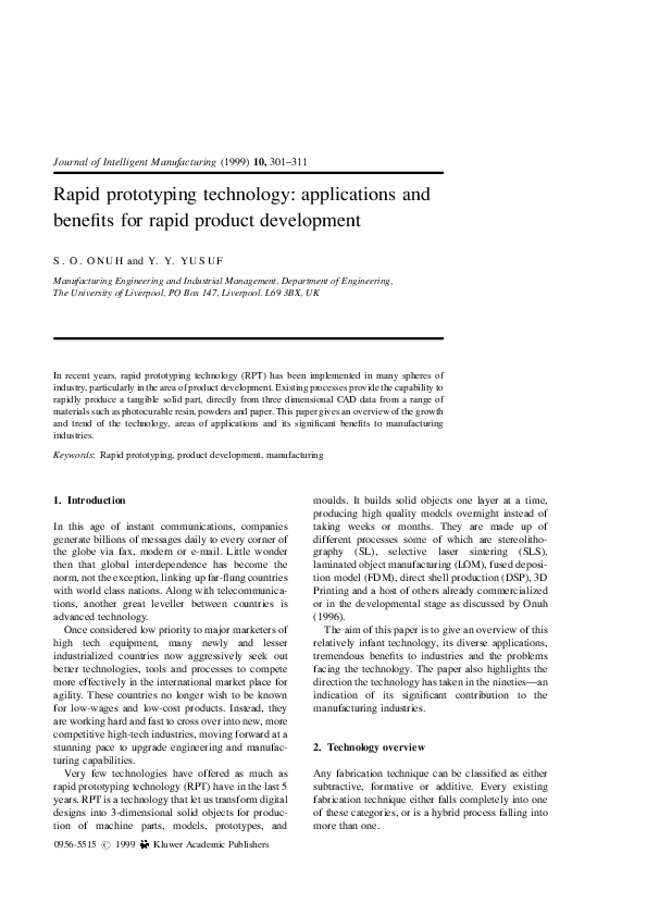 (PDF) Rapid prototyping technology: applications and benefits for rapid ...