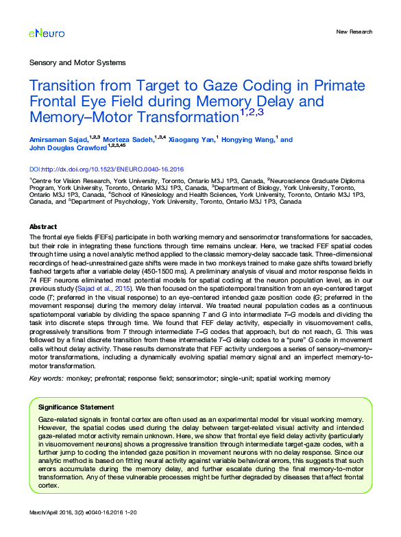 (PDF) Transition from Target to Gaze Coding in Primate Frontal Eye ...