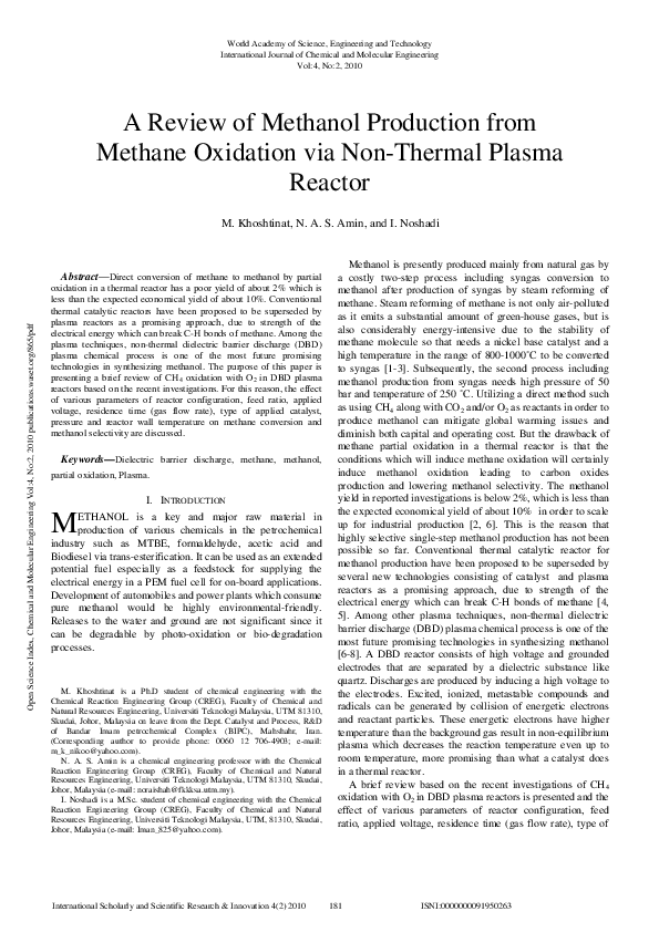 (PDF) A Review Of Methanol Production From Methane Oxidation Via Non ...
