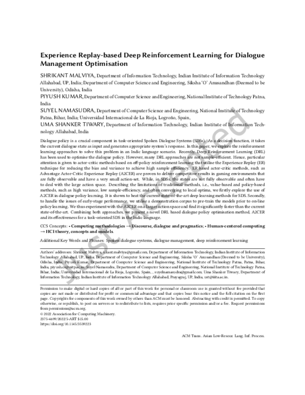 (PDF) Experience Replay-based Deep Reinforcement Learning for Dialogue ...