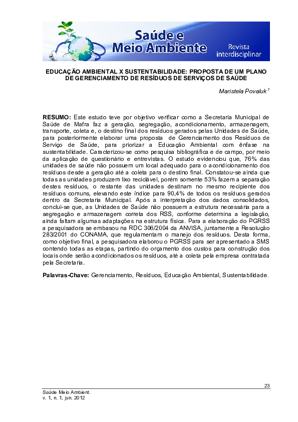 (PDF) Educação ambiental X sustentabilidade: proposta de um plano de ...