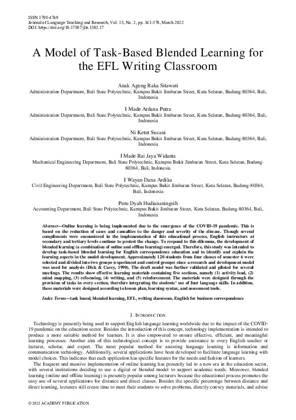 (PDF) A Model of Task-Based Blended Learning for the EFL Writing Classroom