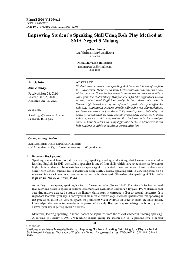 (PDF) Improving Student’s Speaking Skill Using Role Play Method at SMA ...