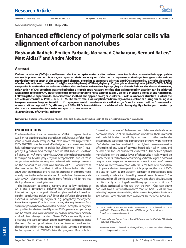 (PDF) Enhanced efficiency of polymeric solar cells via alignment of ...