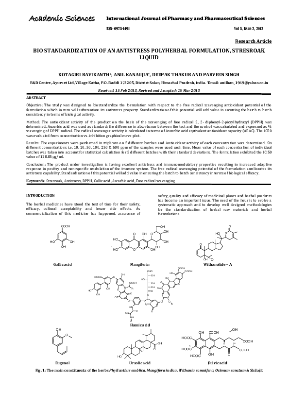 (PDF) Bio Standardization of an Antistress Polyherbal Formulation ...