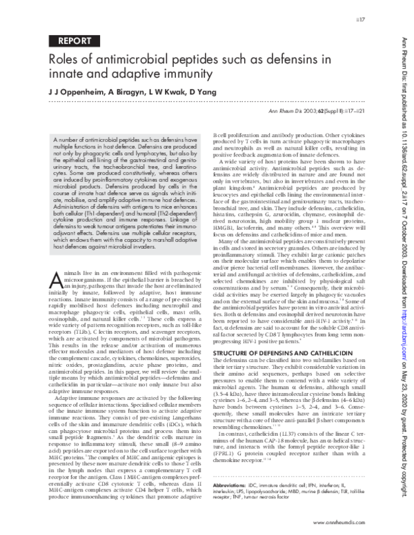 (PDF) Roles of antimicrobial peptides such as defensins in innate and ...