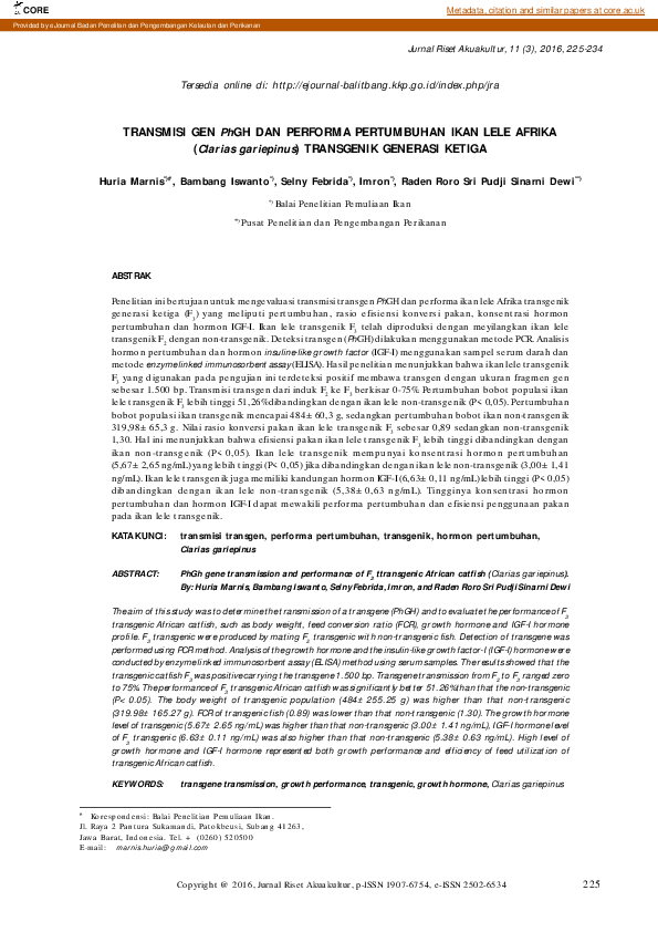 (PDF) TRANSMISI GEN PhGH DAN PERFORMA PERTUMBUHAN IKAN LELE AFRIKA ...
