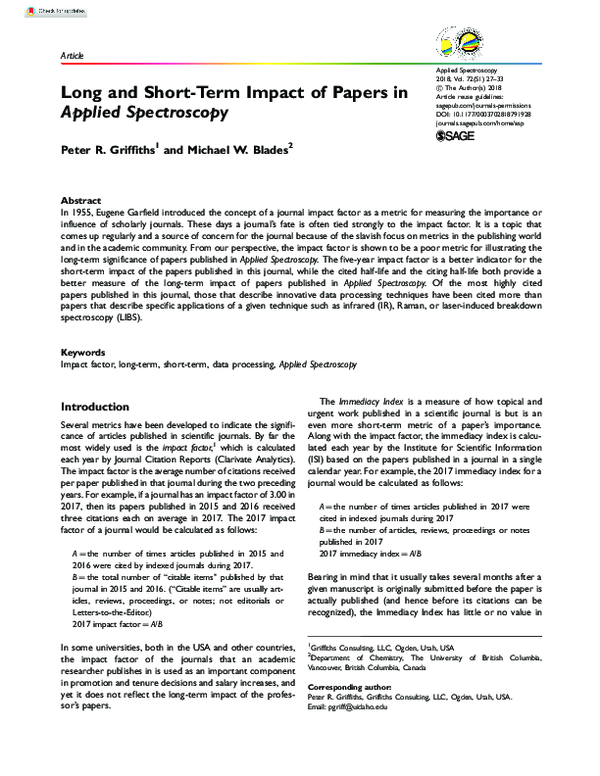 (PDF) Long and Short-Term Impact of Papers in Applied Spectroscopy