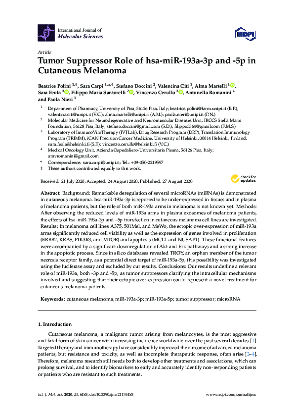 (PDF) Tumor Suppressor Role of hsa-miR-193a-3p and -5p in Cutaneous ...