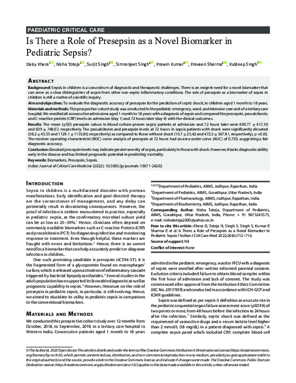 (PDF) Is There a Role of Presepsin as a Novel Biomarker in Pediatric ...