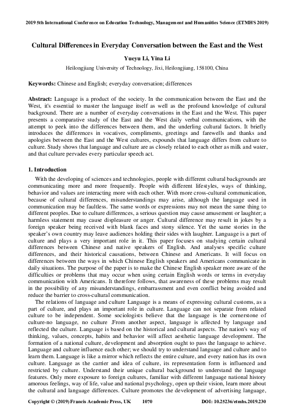 (PDF) Cultural Differences in Everyday Conversation between the East ...