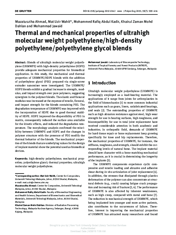(PDF) Thermal and Mechanical Properties of Ultra High Molecular Weight ...