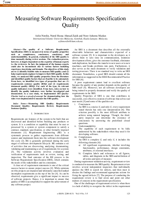 (PDF) Measuring Software Requirements Specification Quality