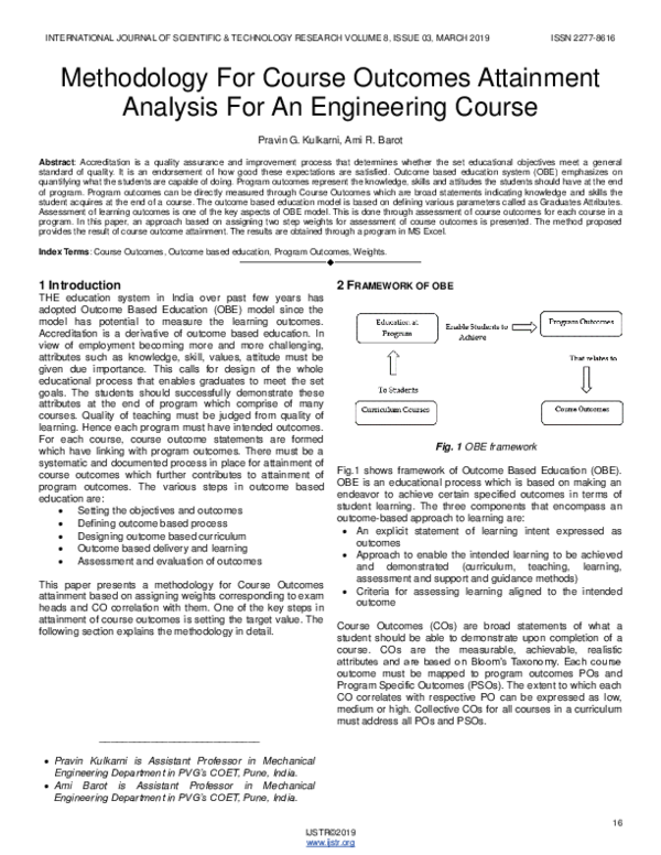 (PDF) Methodology For Course Outcomes Attainment Analysis For An ...