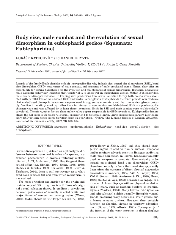 (PDF) Body size, male combat and the evolution of sexual dimorphism in ...