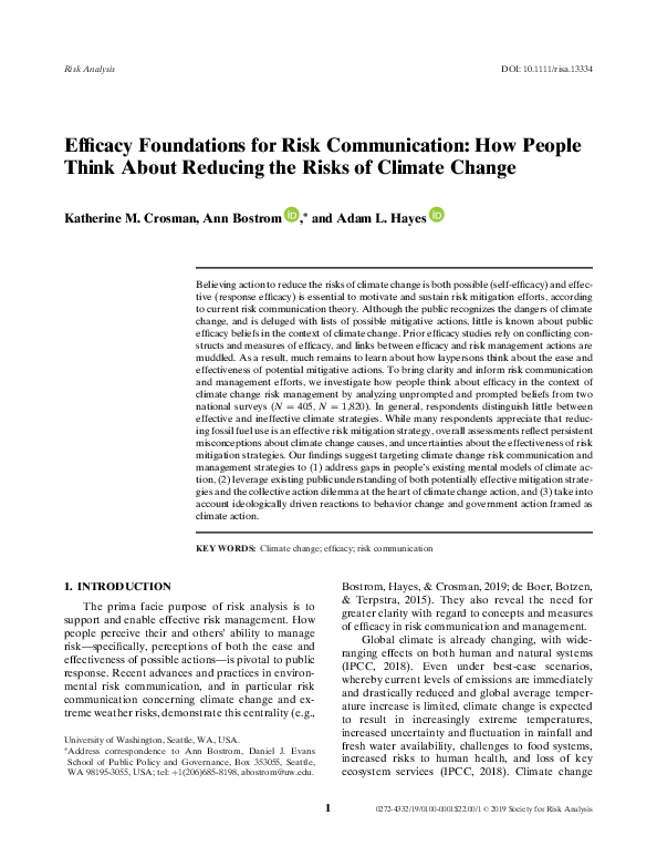 (PDF) Efficacy Foundations for Risk Communication: How People Think ...