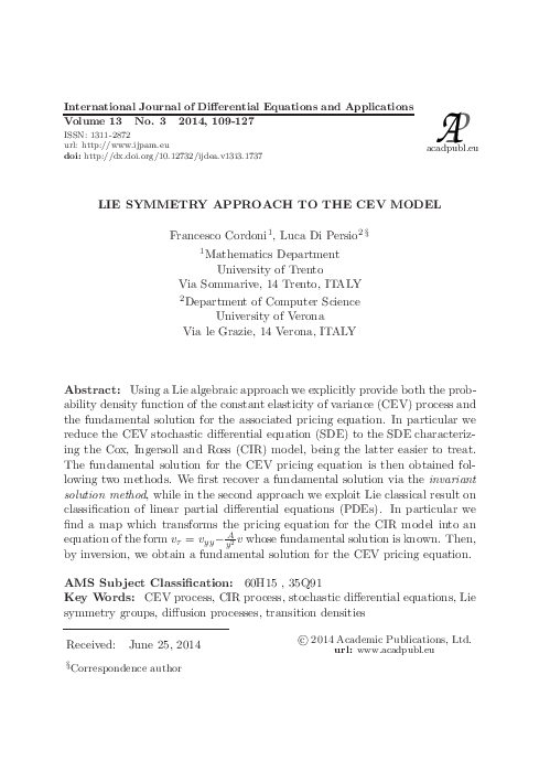(PDF) Lie Symmetry Approach to the Cev Model