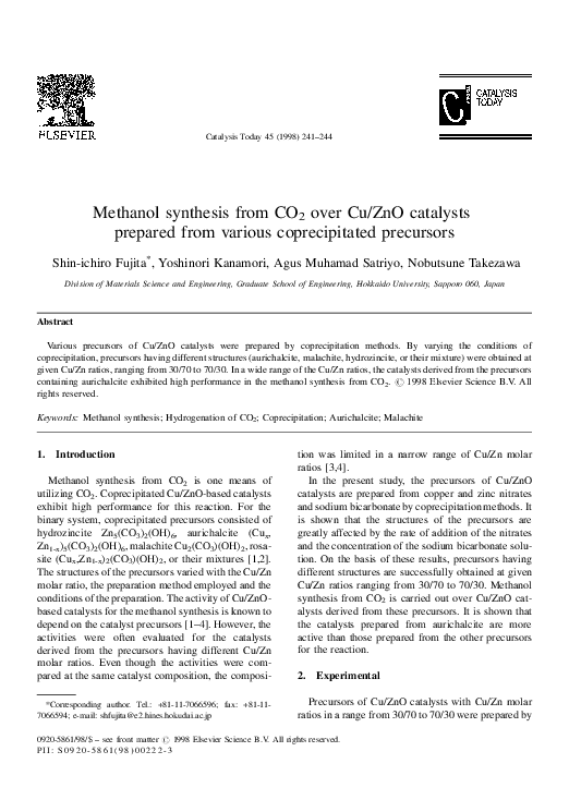 (PDF) Methanol synthesis from CO2 over Cu/ZnO catalysts prepared from ...