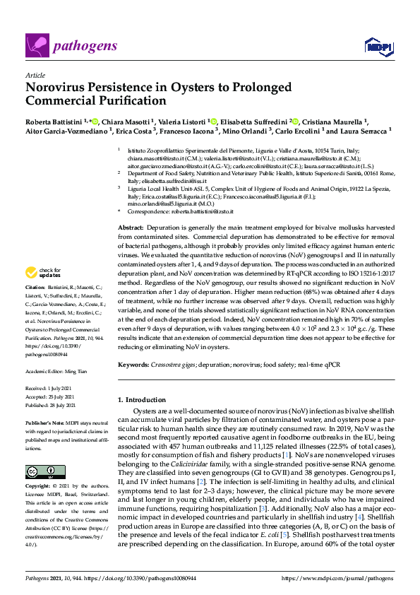 (PDF) Norovirus Persistence in Oysters to Prolonged Commercial Purification