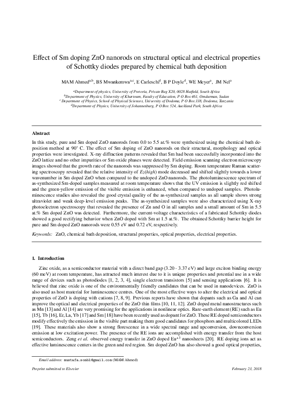 (PDF) Effect of Sm doping ZnO nanorods on structural optical and ...