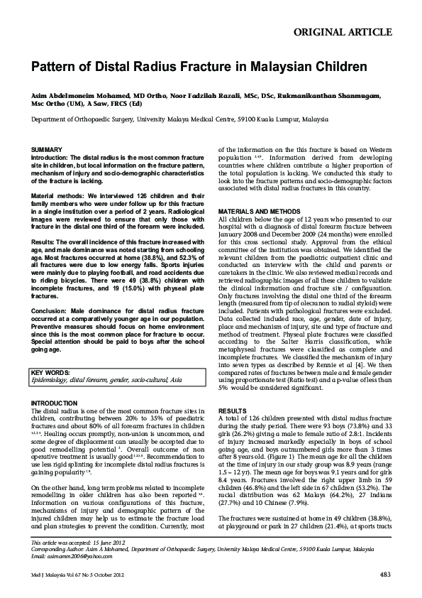 (PDF) Pattern of distal radius fracture in malaysian children