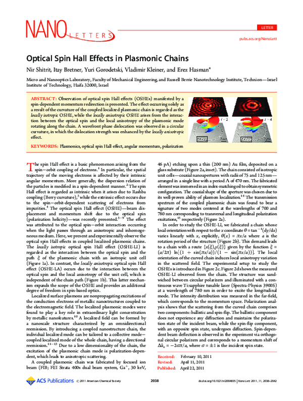 (PDF) Optical Spin Hall Effects in Plasmonic Chains
