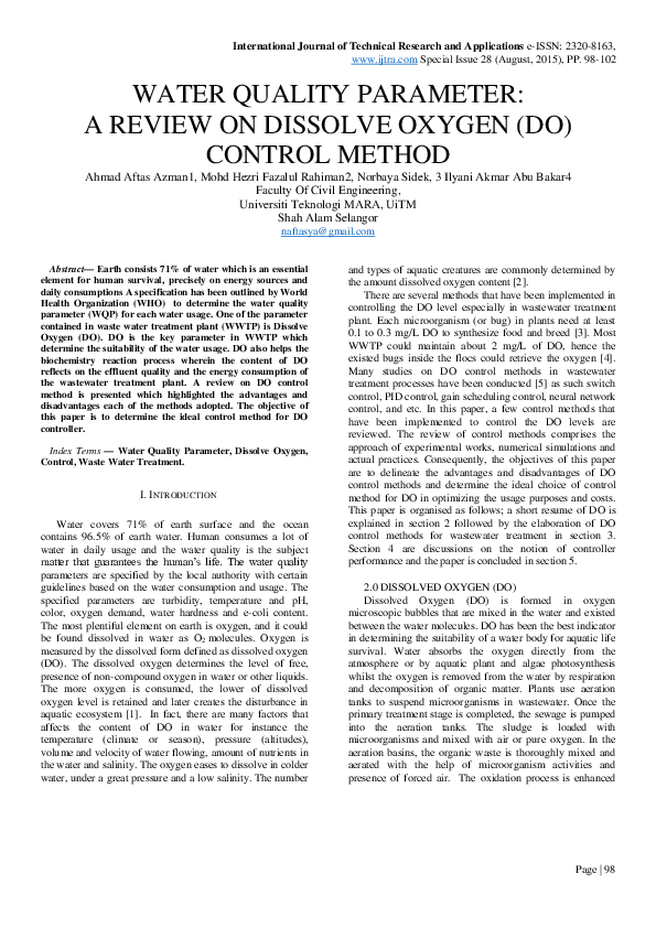 (PDF) Water Quality Parameter A Review on Dissolve Oxygen (Do) Control Method NORBAYA SIDEK