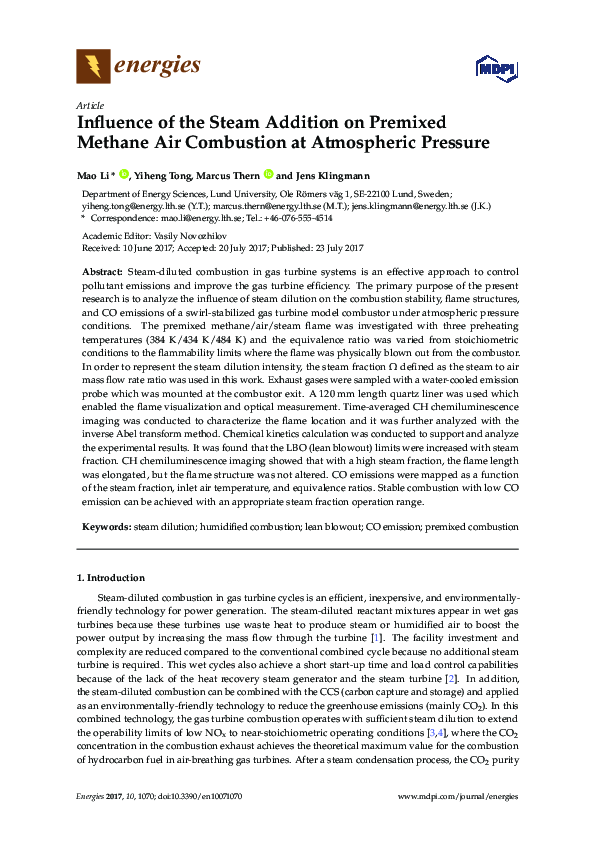 (PDF) Influence of the Steam Addition on Premixed Methane Air ...