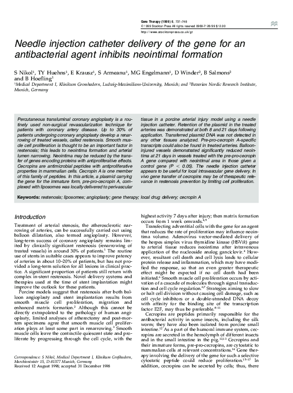 (PDF) Needle injection catheter delivery of the gene for an ...