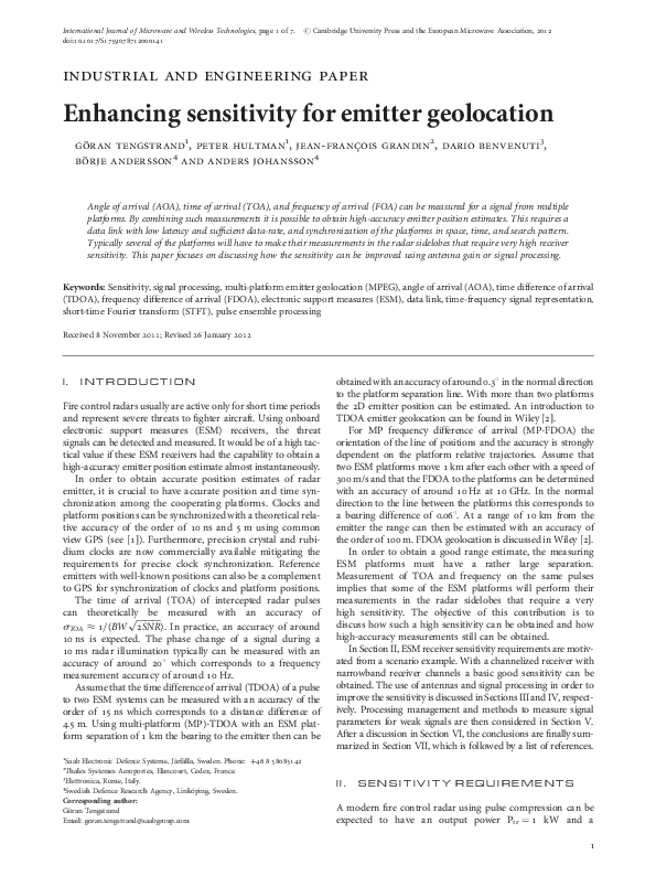 (PDF) Enhancing sensitivity for emitter geolocation
