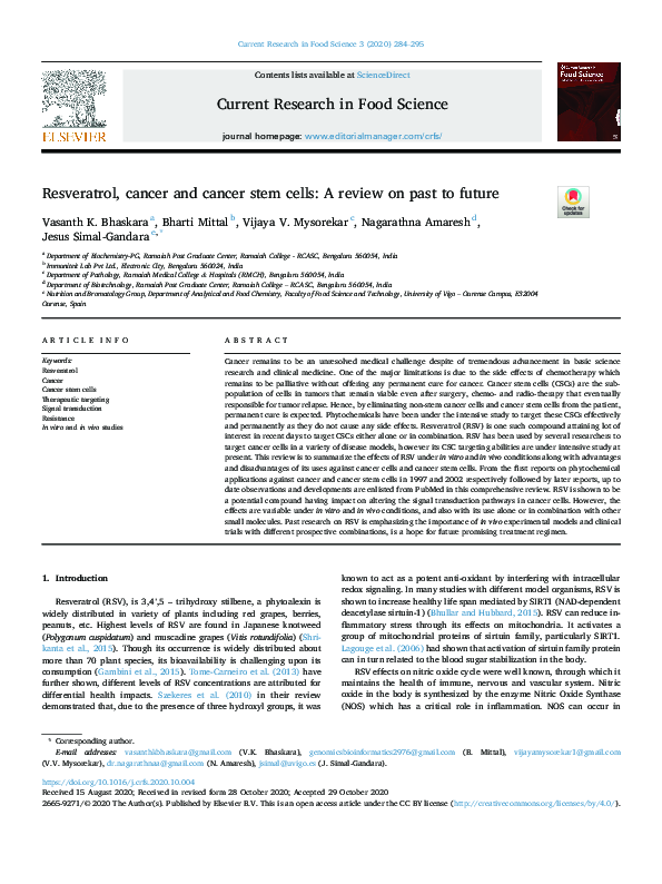 (PDF) Resveratrol, cancer and cancer stem cells A review on past to