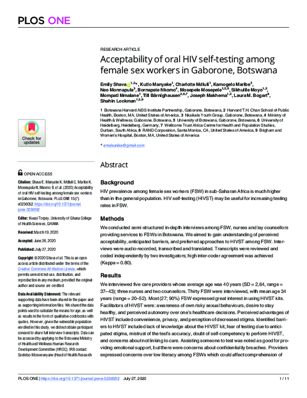(PDF) Acceptability of oral HIV selftesting among female sex workers
