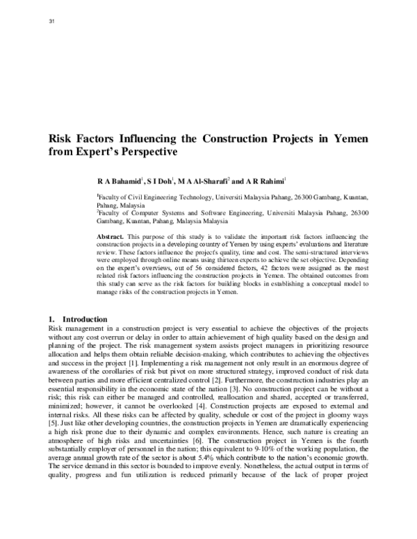 (PDF) Risk Factors Influencing the Construction Projects in Yemen from ...