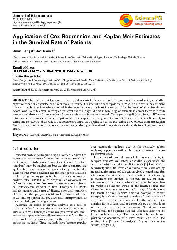 (PDF) Application of Cox Regression and Kaplan Meir Estimates in the ...