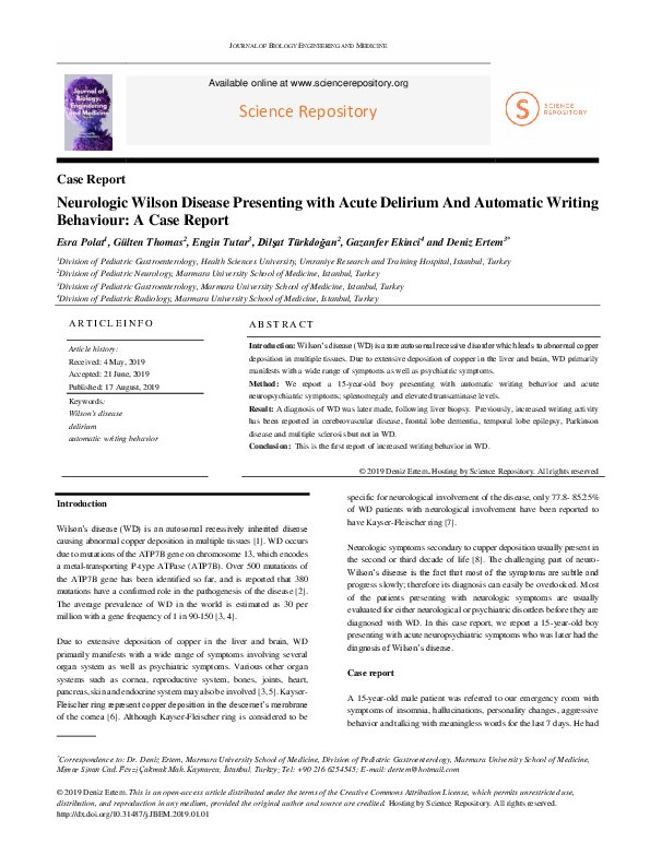 (PDF) Neurologic Wilson Disease Presenting with Acute Delirium And ...