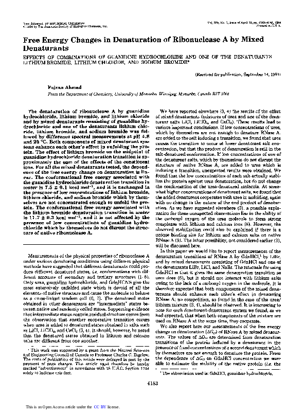 (PDF) Free energy changes in denaturation of ribonuclease A by mixed ...