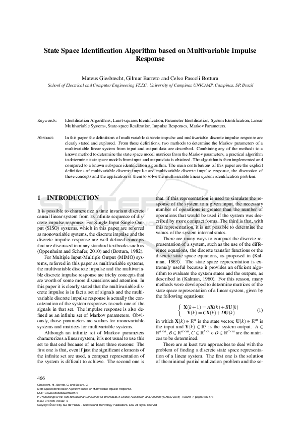 (PDF) State Space Identification Algorithm based on Multivariable ...