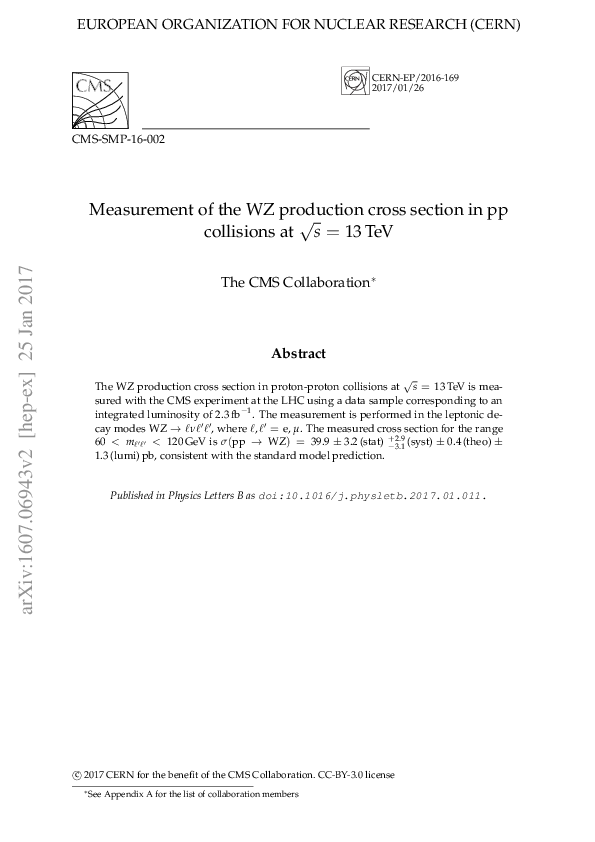 (PDF) Measurement of the WZ production cross section in pp collisions ...