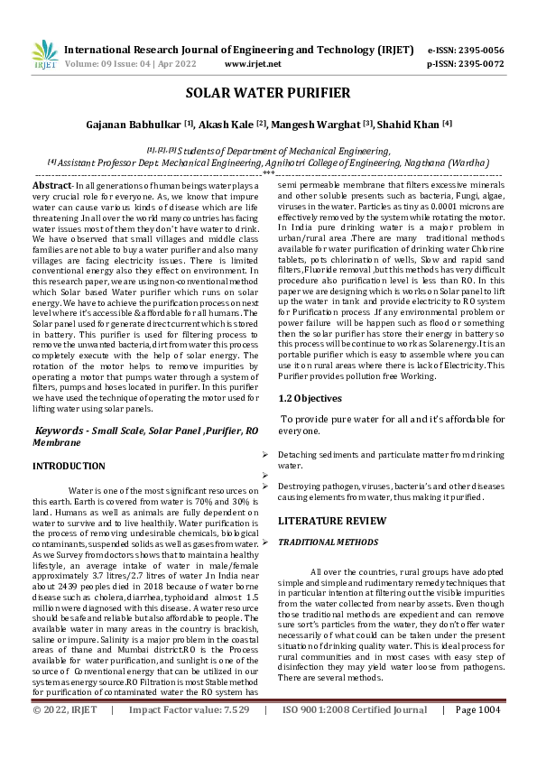(PDF) SOLAR WATER PURIFIER IRJET Journal Academia.edu