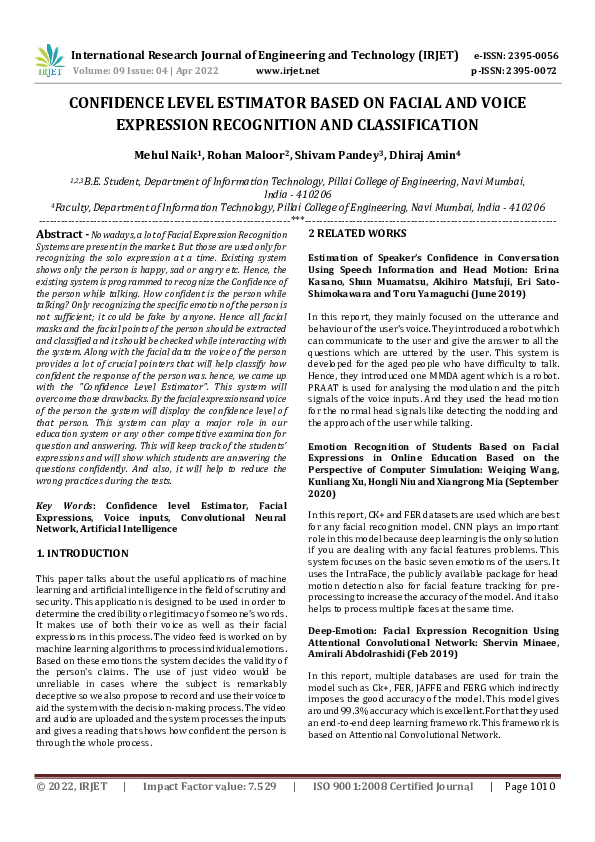 (PDF) CONFIDENCE LEVEL ESTIMATOR BASED ON FACIAL AND VOICE EXPRESSION ...