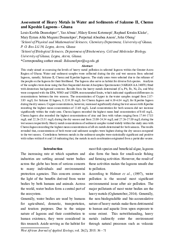 (PDF) Assessment of Heavy Metals in Water and Sediments of Sakumo II ...