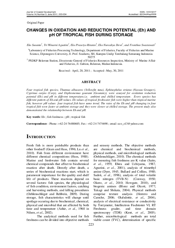 (PDF) CHANGES IN OXIDATION AND REDUCTION POTENTIAL (Eh) AND pH OF